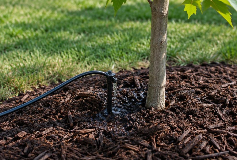 A bubbler slowly deep-watering the base of a young tree in mulch