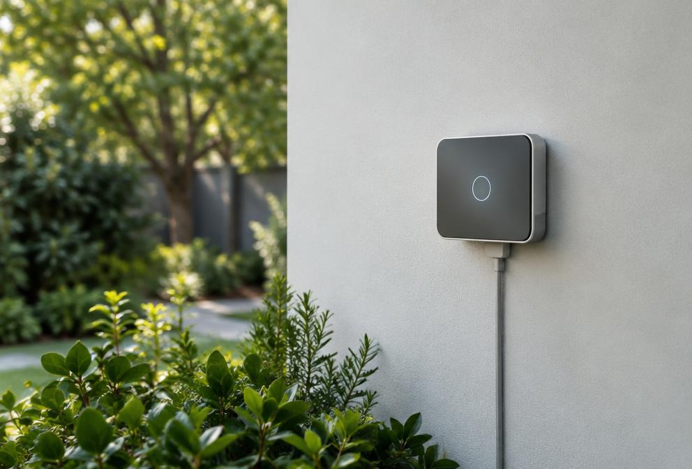 A smart irrigation controller mounted discreetly on an exterior garden wall