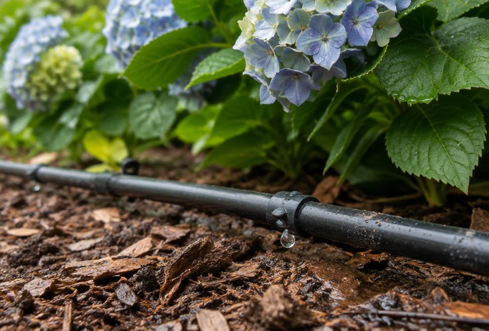Inline drip tubing beading water into a mulched hydrangea bed