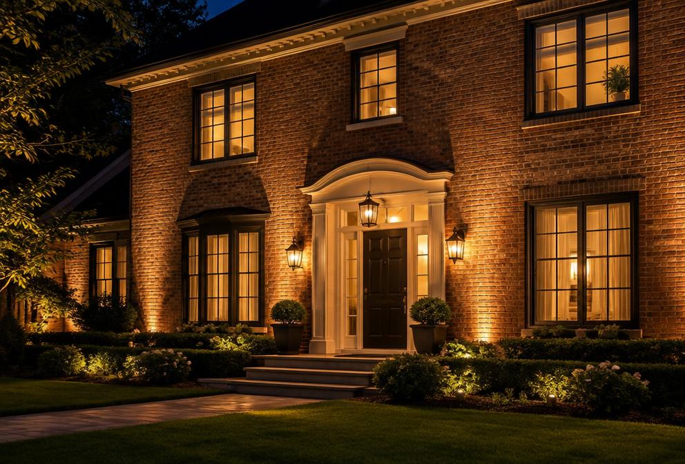 A brick home facade and front garden softly lit at night