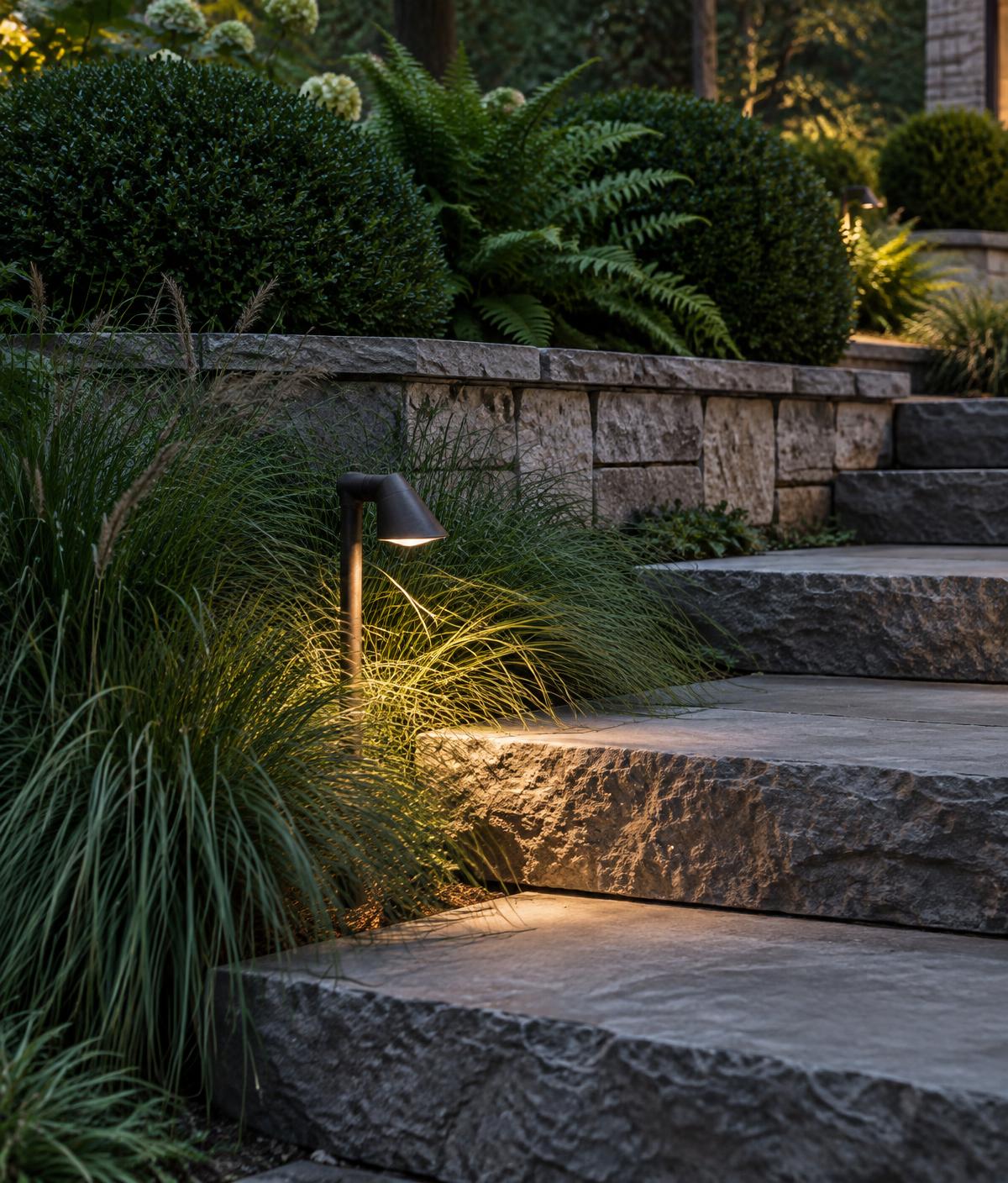 A discreet bronze path light illuminating natural stone garden steps