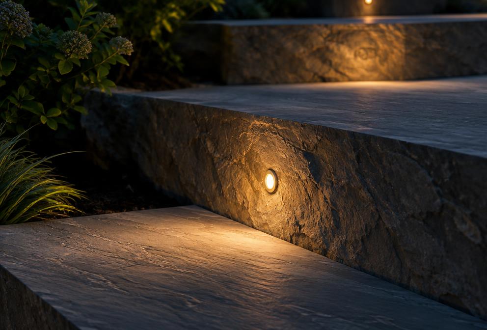 A flush fixture set into bluestone steps grazing the stone with warm light