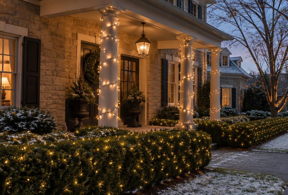 Warm holiday lighting along porch columns and a boxwood hedge