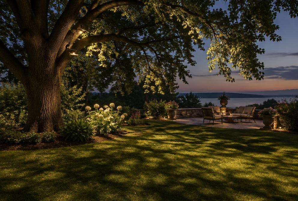 Dappled light falling from a mature tree onto a garden terrace at dusk