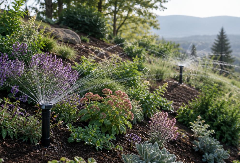 Multi-stream rotator nozzles slowly watering a planted garden slope