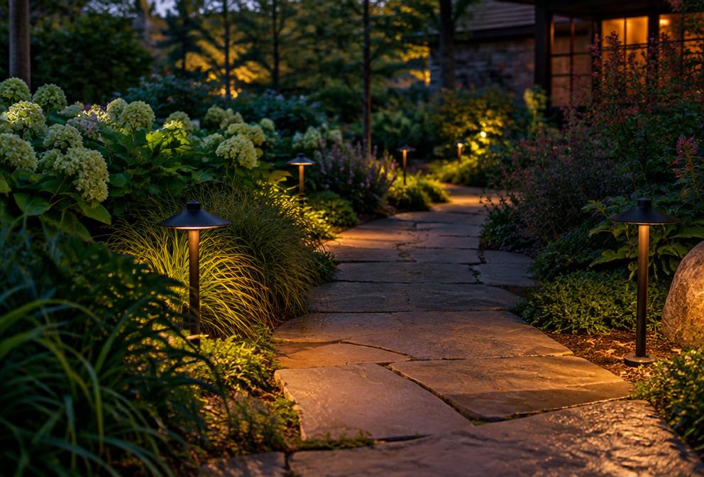 Bronze path lights lining a natural stone garden walkway at dusk