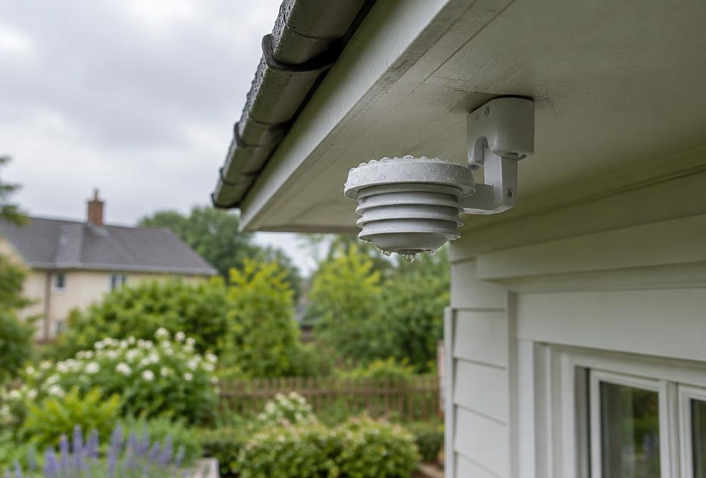 A rain sensor under a home's eave beaded with raindrops