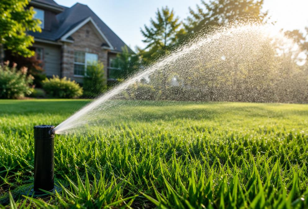 An irrigation rotor casting a gentle arc of water over a green lawn in morning light