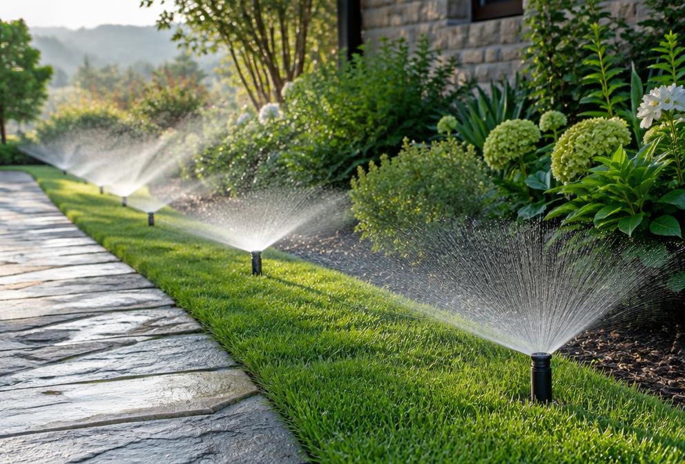 Spray heads watering a lawn strip beside a stone walkway