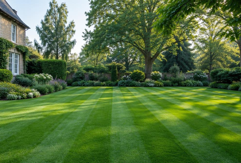 A freshly mown striped green lawn in an elegant residential garden