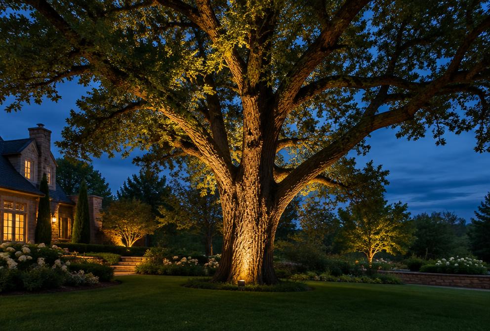 A mature oak uplit from its base with warm golden light at dusk
